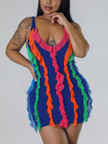 Colorful Ruffles V Neck Dress