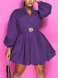 Belted Puffy Sleeve Solid Dress