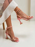 Elegant Square Toe Pearl Bow Heels