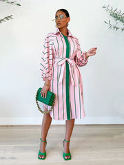 Striped Print Shirt Dress With Belt