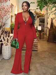 Deep V Neck Side Slit Flare Bell Bottom Jumpsuits