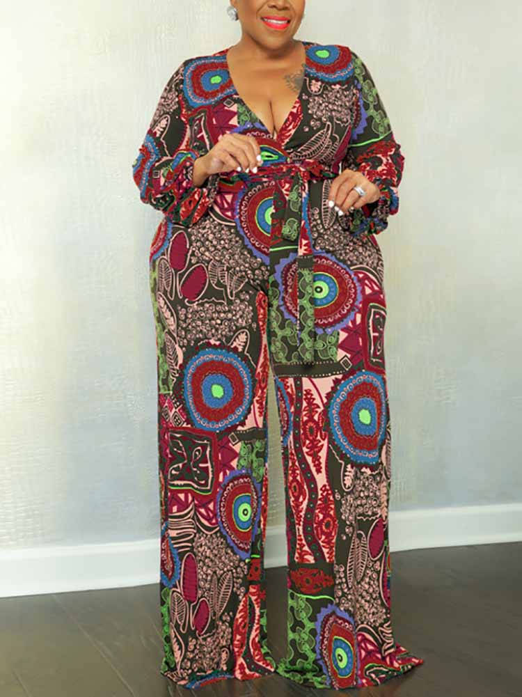 Printed Wide Leg Belt Jumpsuit