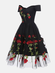 Embroidered Rose Mesh Party Dress