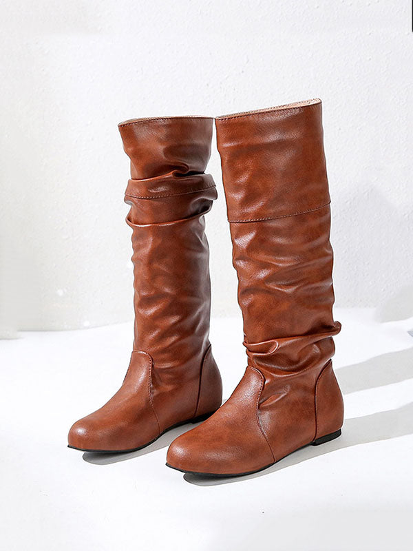 Solid Pleated Flat Heel Boots