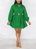 Belted Puffy Sleeve Solid Dress