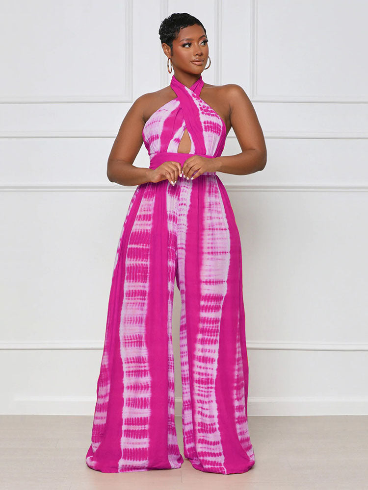 Halter Backless Printed Wide Leg Jumpsuit