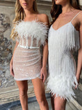 Sequin Feather Strapless Dress with Belt