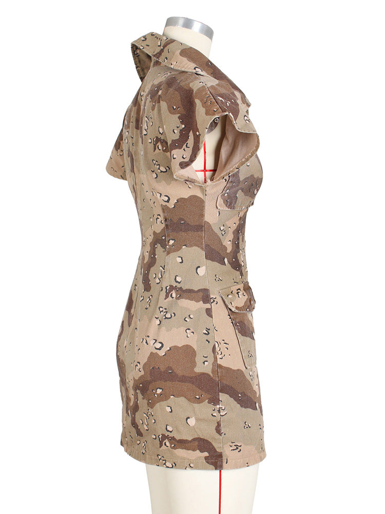 Camouflage Lapels Button Sleeveless Dress with Pockets