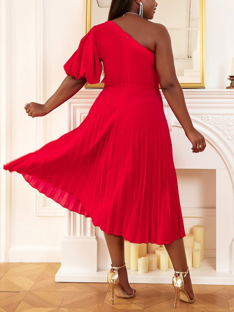 One Shoulder Puff Sleeve Pleated Dress