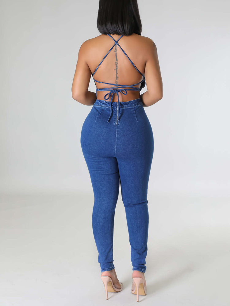 Neckholder-Jumpsuit aus Denim mit Schnürung