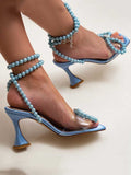 Elegant Square Toe Pearl Bow Heels