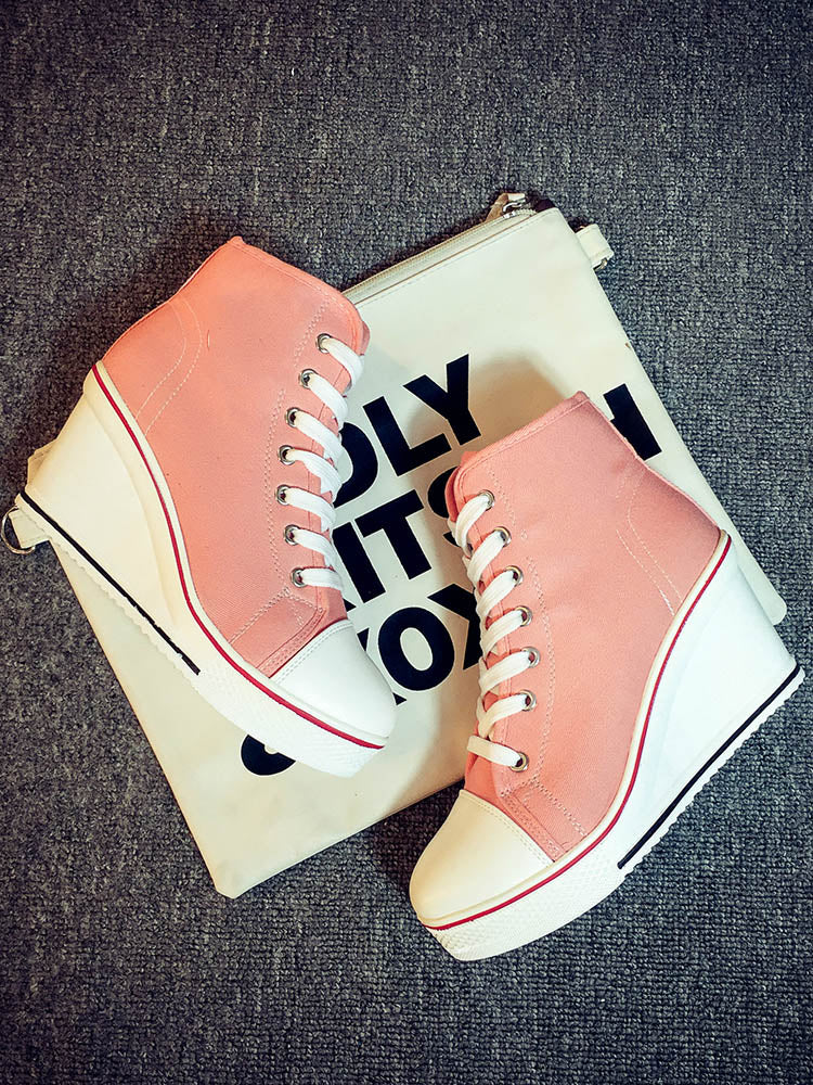 Lace-Up Thick Soled Heel Canvas Sneakers