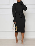 Turtleneck Knit Tie Waist Midi Dresses