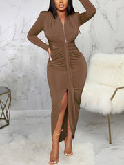 Puff Sleeve Ruched Split Drape Dress