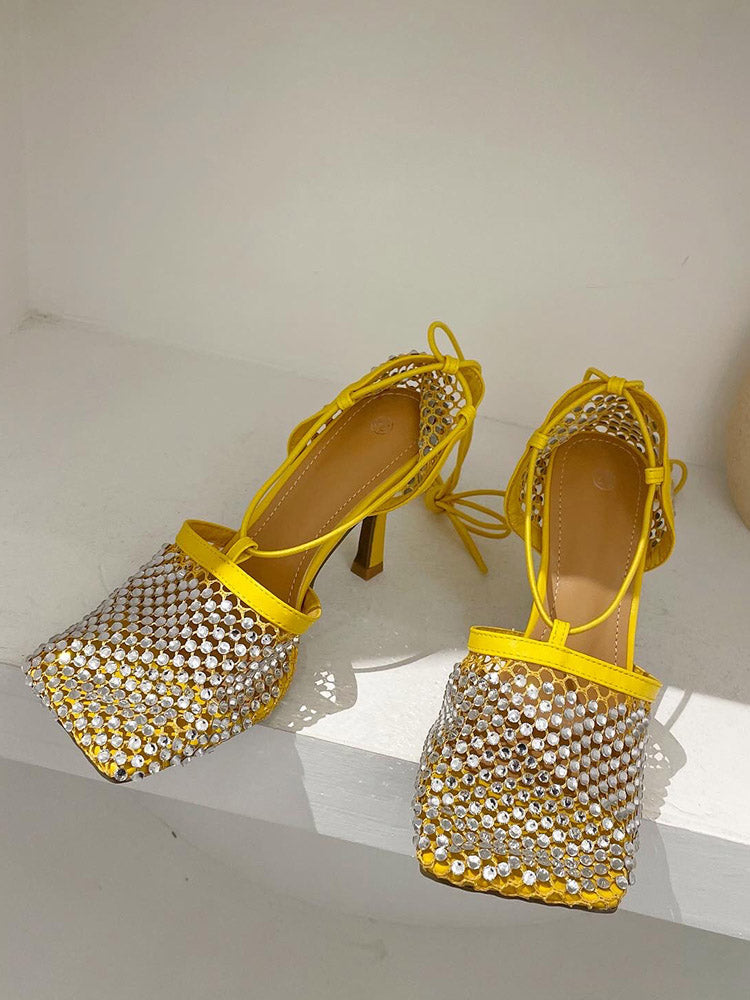 Sandalias de punta cuadrada con diamantes de imitación