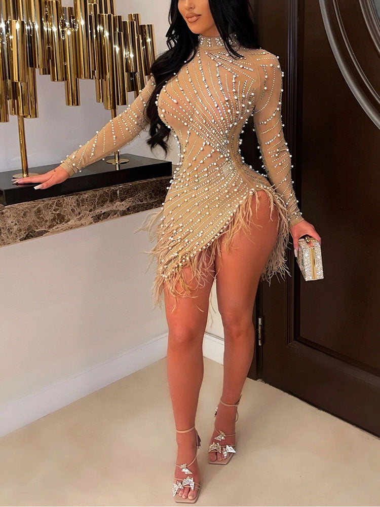 Feather Mesh Rhinestone Mini Dress