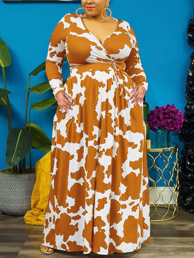 Cow Print V Neck Wrap Dress