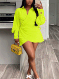 Lantern Sleeve Wrapped Shirt Mini Dress