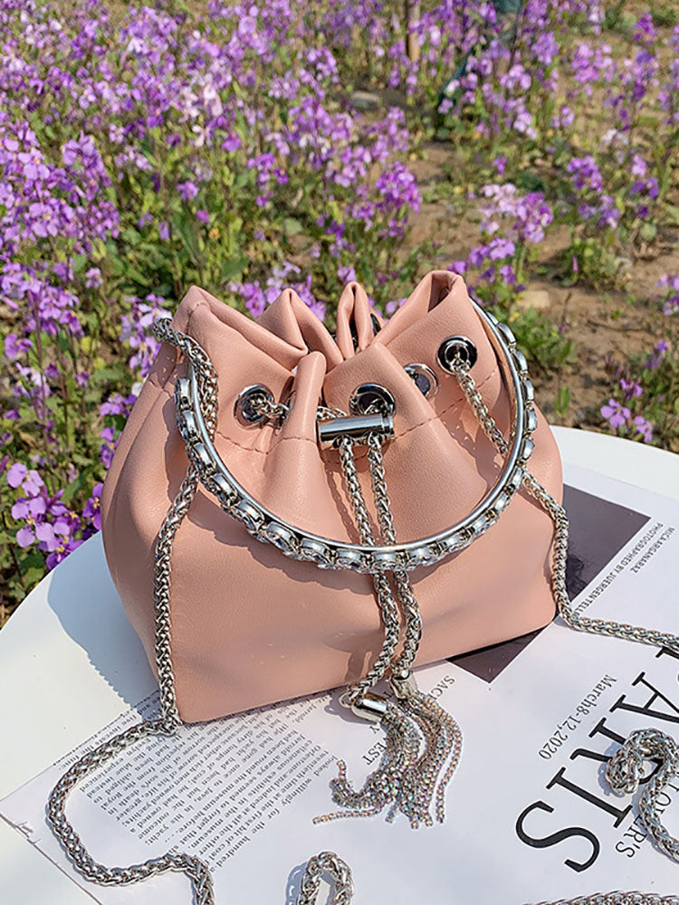 Rhinestone Decor Drawstring Bucket Bag