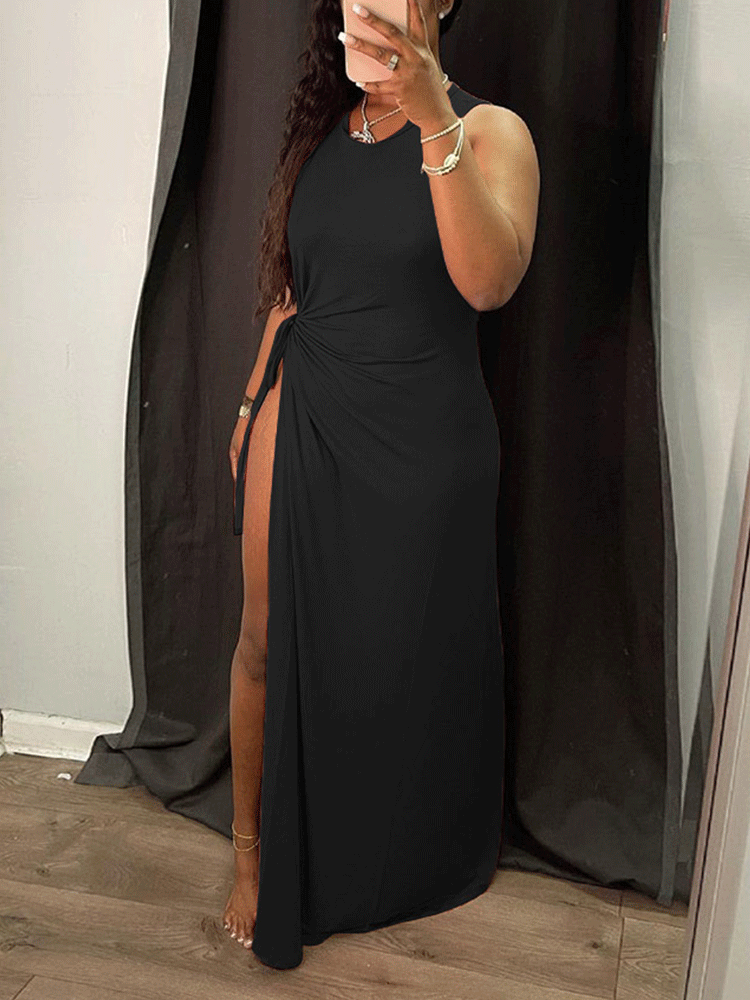 High Split Drawstring Maxi Dress