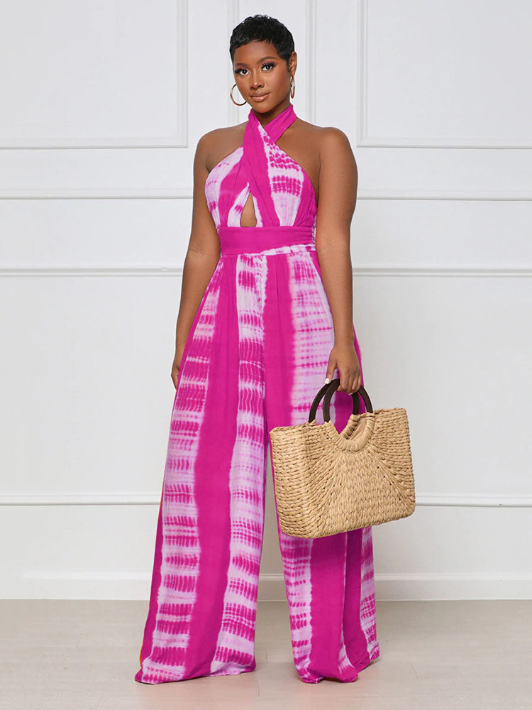 Halter Backless Printed Wide Leg Jumpsuit