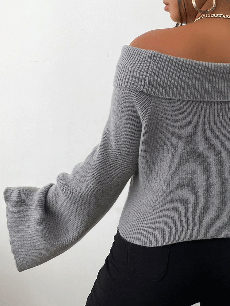 Sexy Foldover Off The Shoulder Brioche Rib Knit Cropped Sweater