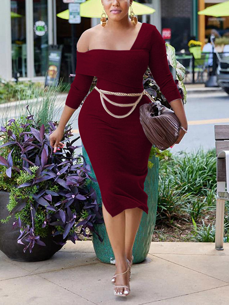 One Shoulder Slit Dress with Chain Belt
