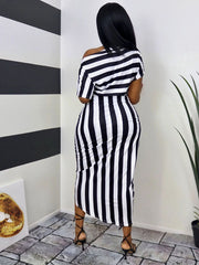 Striped One Shoulder Ruched Dress