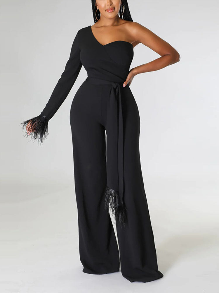 One shoulder Feather Decor Jumpsuit