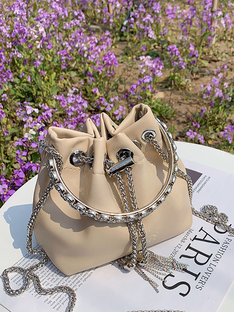 Rhinestone Decor Drawstring Bucket Bag