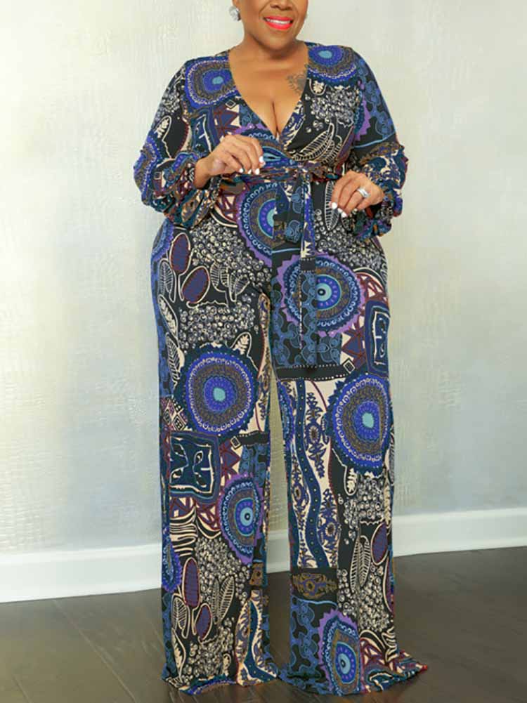 Printed Wide Leg Belt Jumpsuit