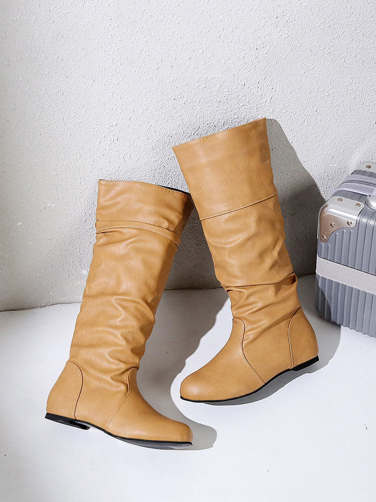 Solid Pleated Flat Heel Boots