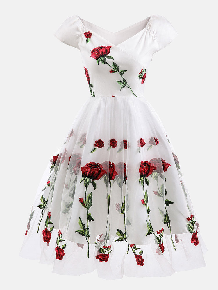 Embroidered Rose Mesh Party Dress