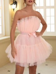 Bow Decor Layered Tulle Cocktail Dress