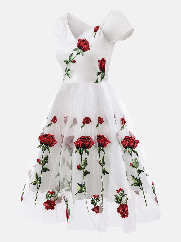 Embroidered Rose Mesh Party Dress