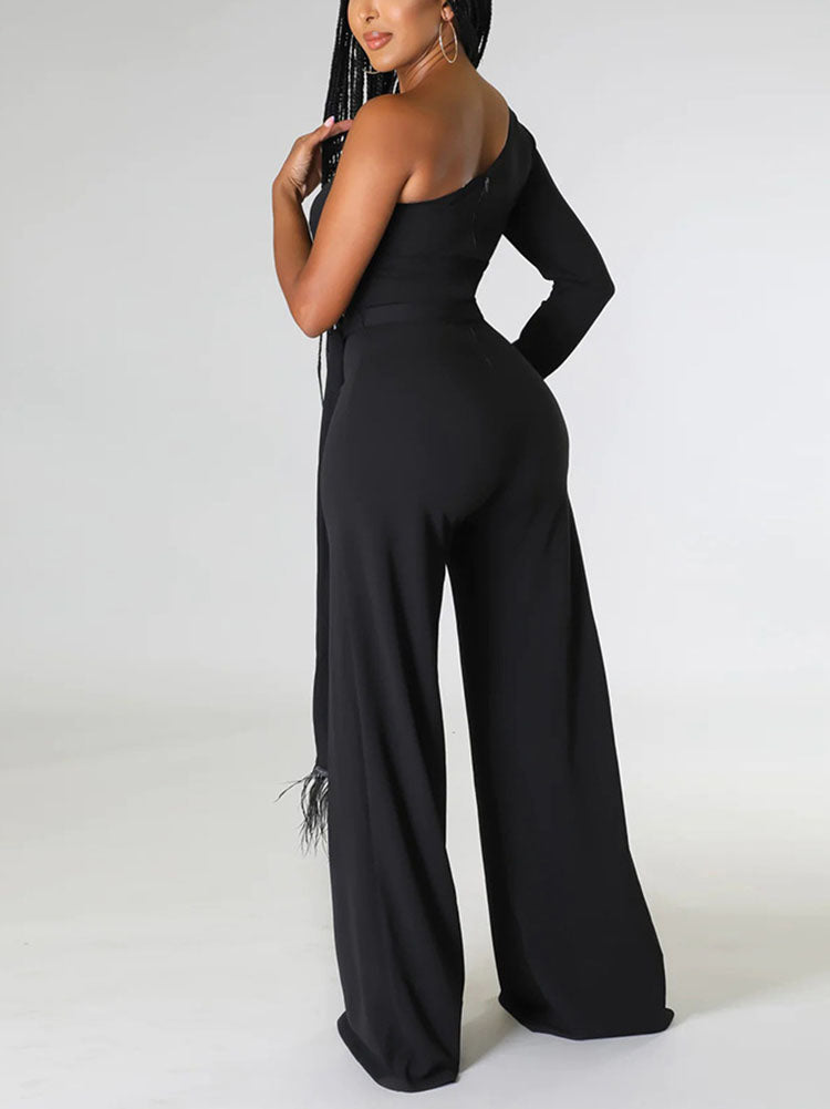 One Shoulder Feather Solid Jumpsuit