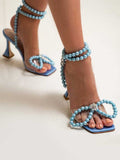 Elegant Square Toe Pearl Bow Heels