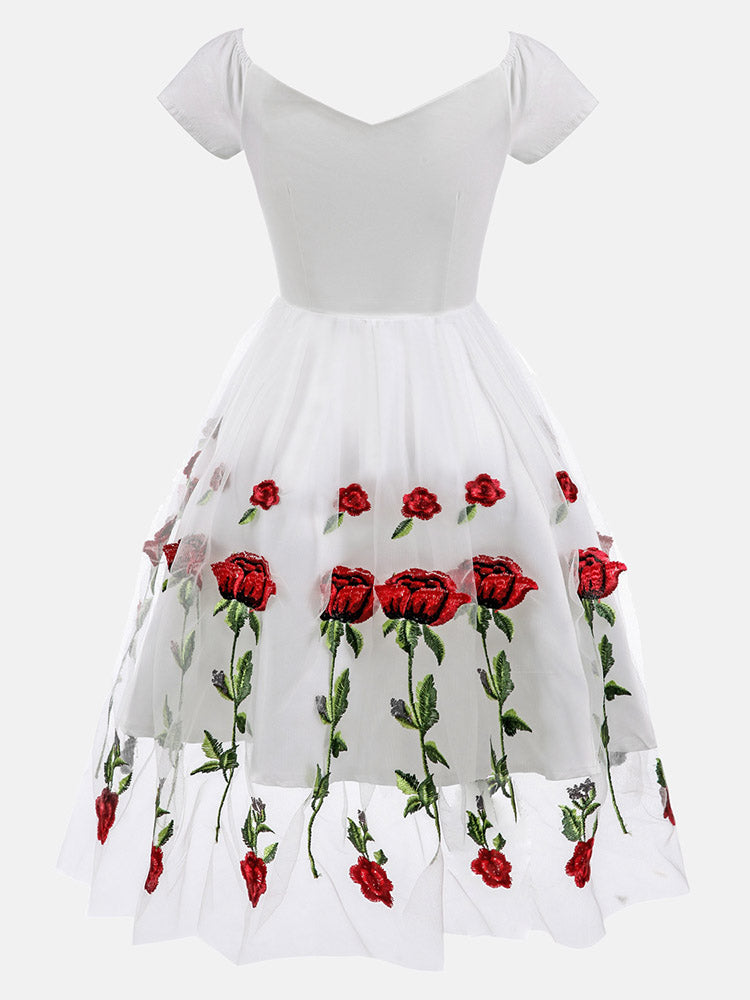 Embroidered Rose Mesh Party Dress