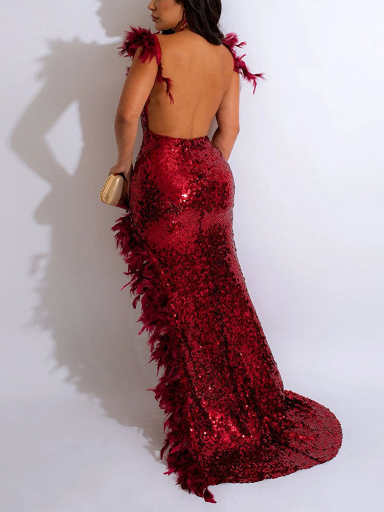 Sequin Feather Slit Party Dress