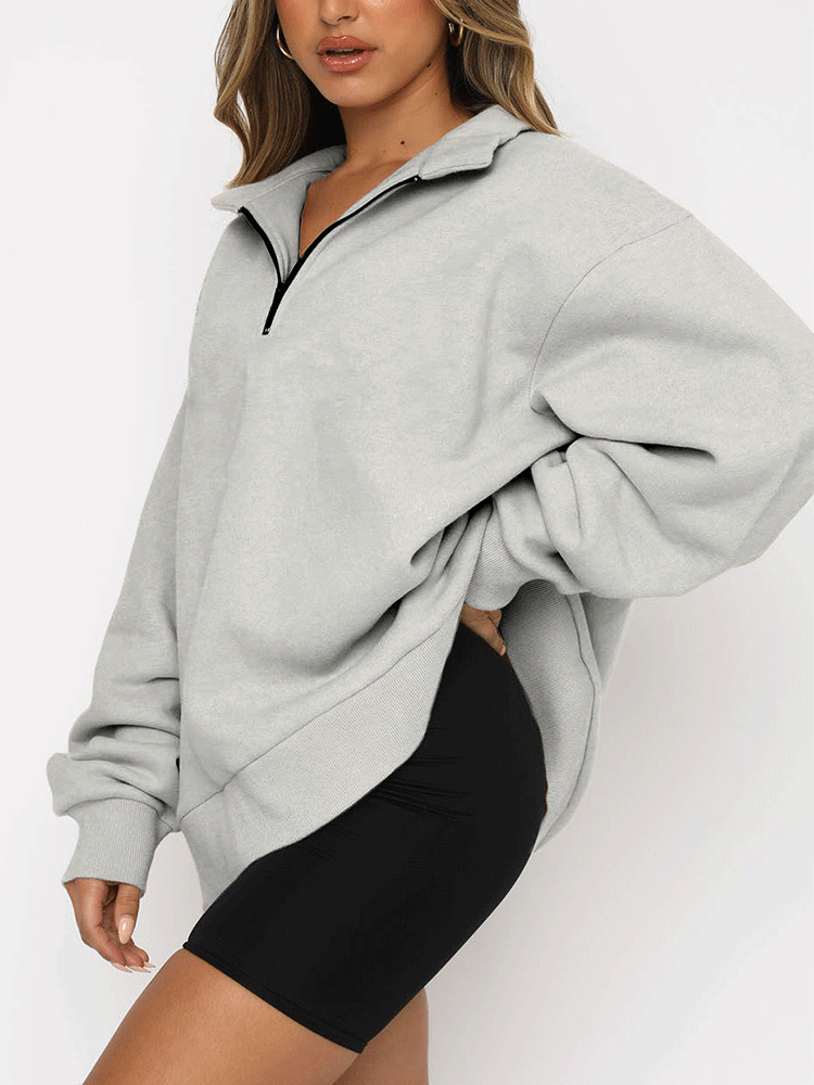 Zip V Neck Long Sleeve Pullover Top