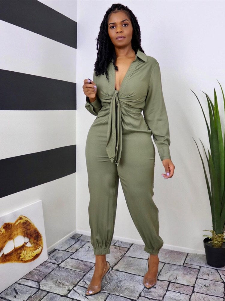 Casual Solid Turndown Collar Jumpsuits