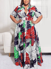 Printed V Neck Button Down Maxi Dress