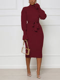 Turtleneck Knit Tie Waist Midi Dresses