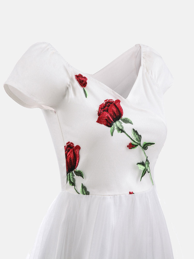 Embroidered Rose Mesh Party Dress