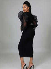 Mesh Puff Sleeve Long Dress