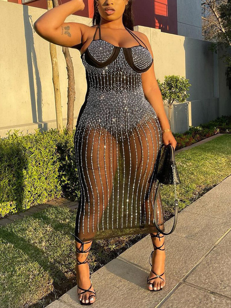 Rhinestone Sheer Spaghetti Strap Midi Dresses