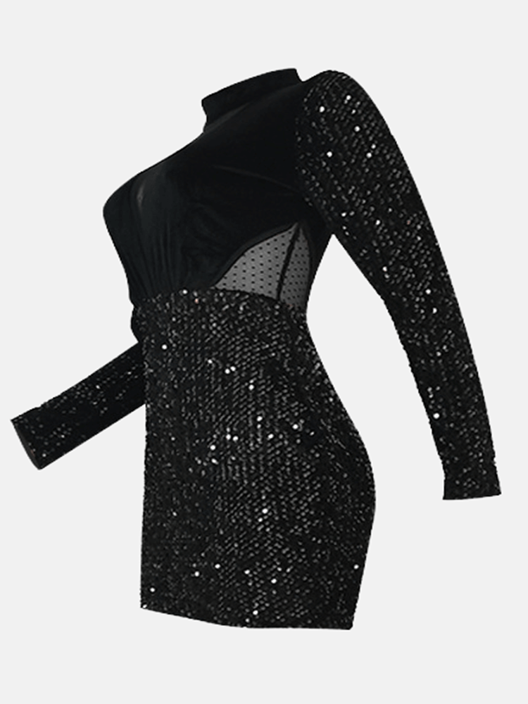 Sequin Velvet Mesh Patchwork Mini Dress