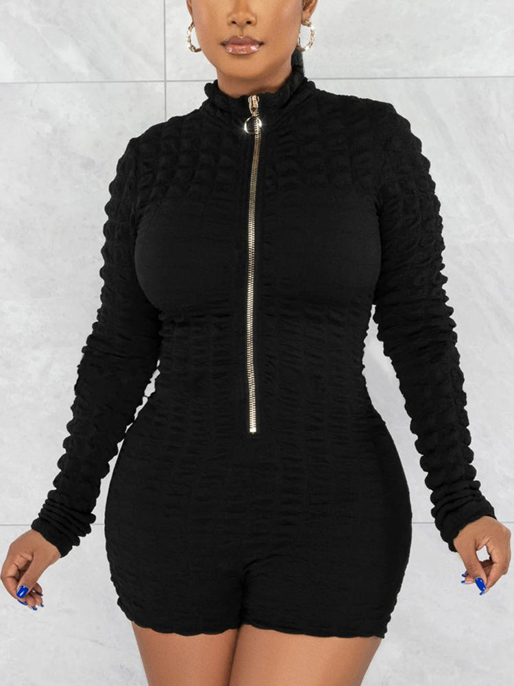 Textured Zipper Long Sleeve Jumpsuit