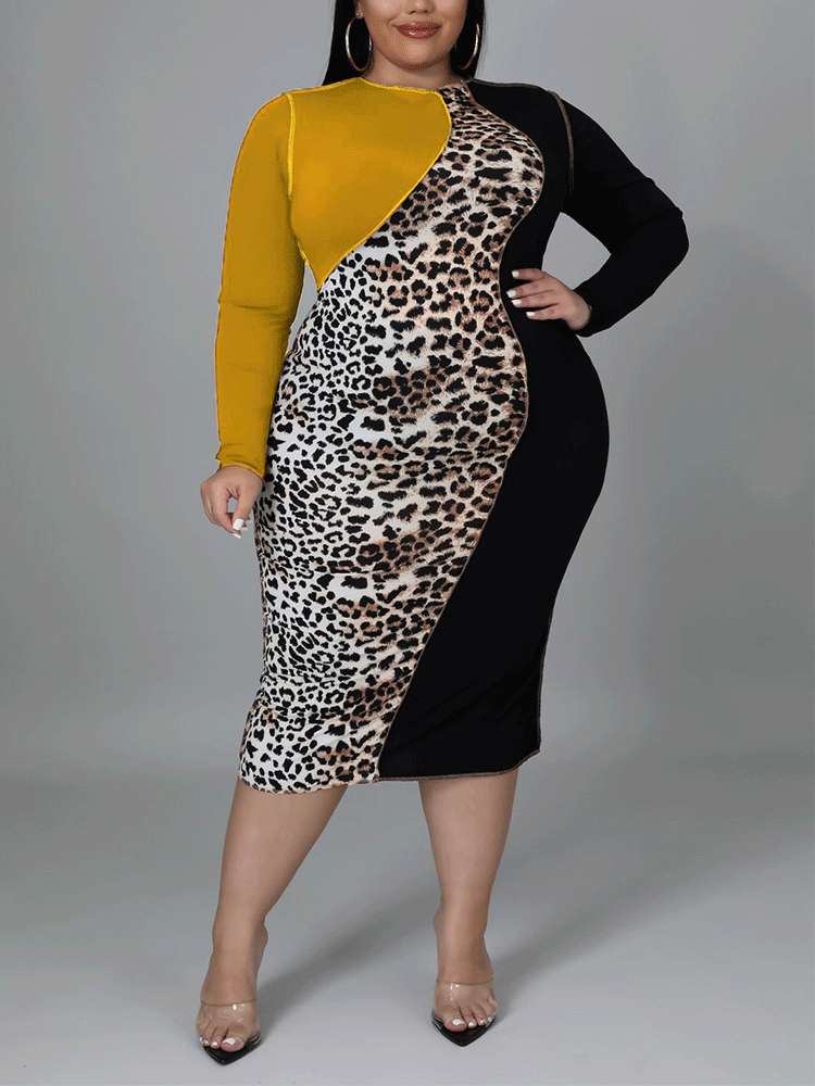 Vestido midi con parches de leopardo