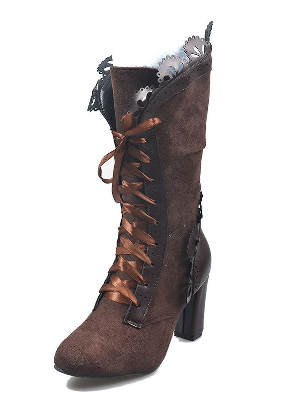 Chunky Heel Lace Up Mid Calf Boot